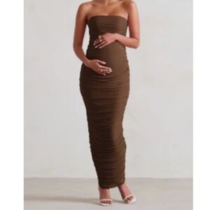 CHOCOLATE MATERNITY BROWN STRAPLESS BODYCON RUCHED MESH MAXI DRESS